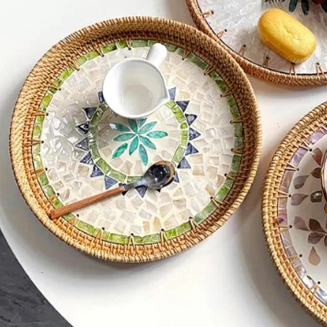 越南藤编圆形贝壳盘波西米亚小号30cm