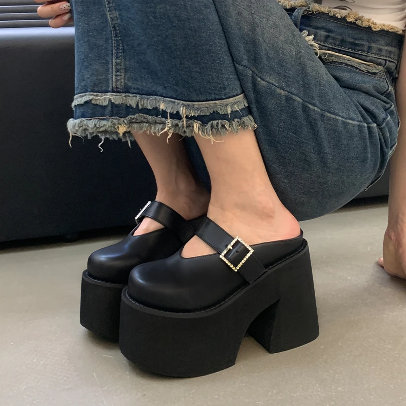 圆头松糕厚底拖鞋11CM超高跟粗跟外穿包头凉拖女鞋增高半拖单鞋女