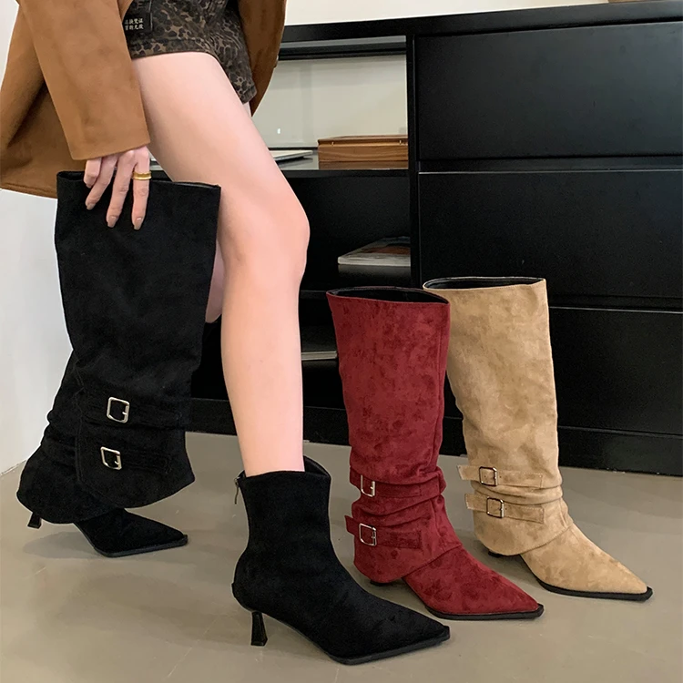 法式两穿皮带扣尖头细跟褶皱裤管靴女2024秋冬新款长筒高跟堆堆靴