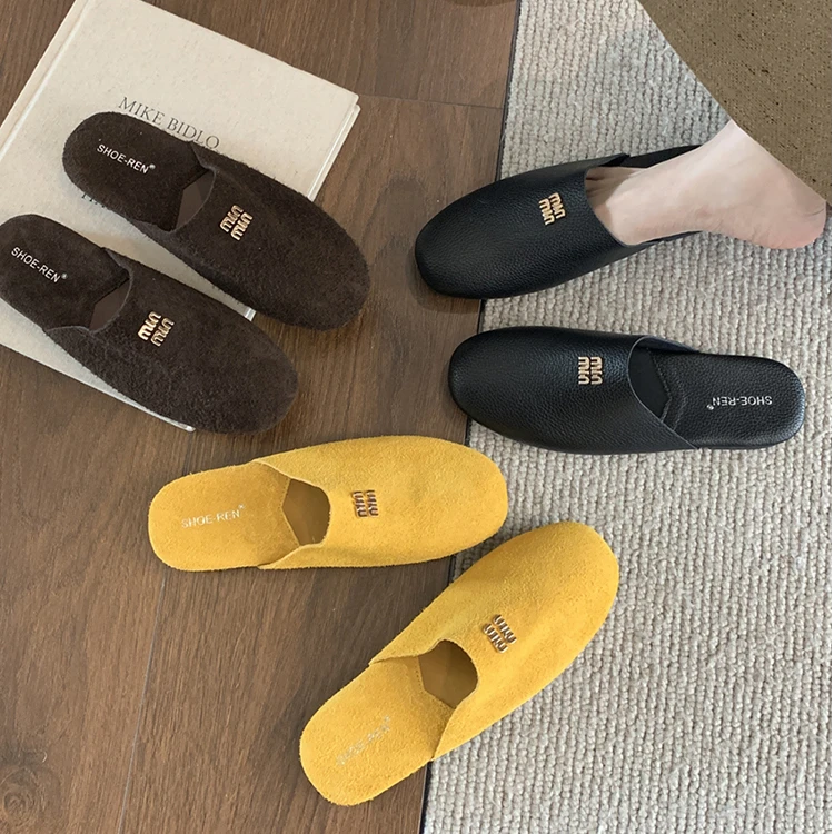 牛皮版！复古平底包头半拖鞋休闲鞋软底女鞋子法式轻奢一脚蹬单鞋