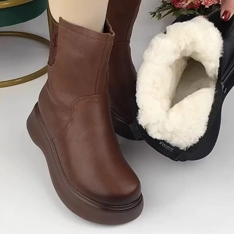 厚底妈妈棉鞋冬季加厚防滑保暖短靴真皮羊毛100%皮毛一体雪地靴