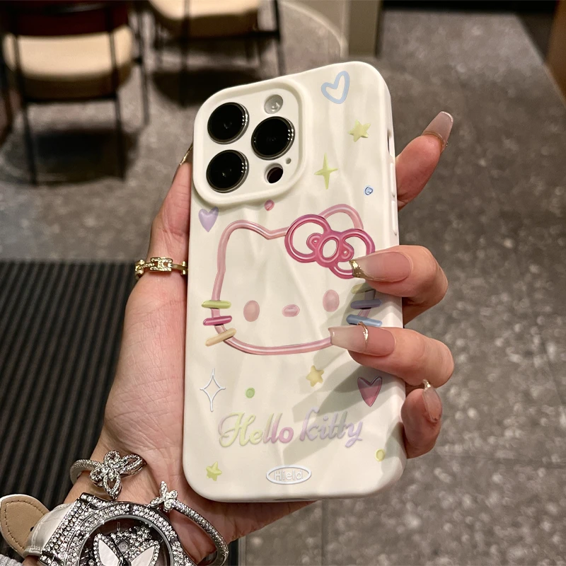 彩色凯蒂猫适用iPhone15/14promax褶皱手机壳xr苹果13/12/11防摔