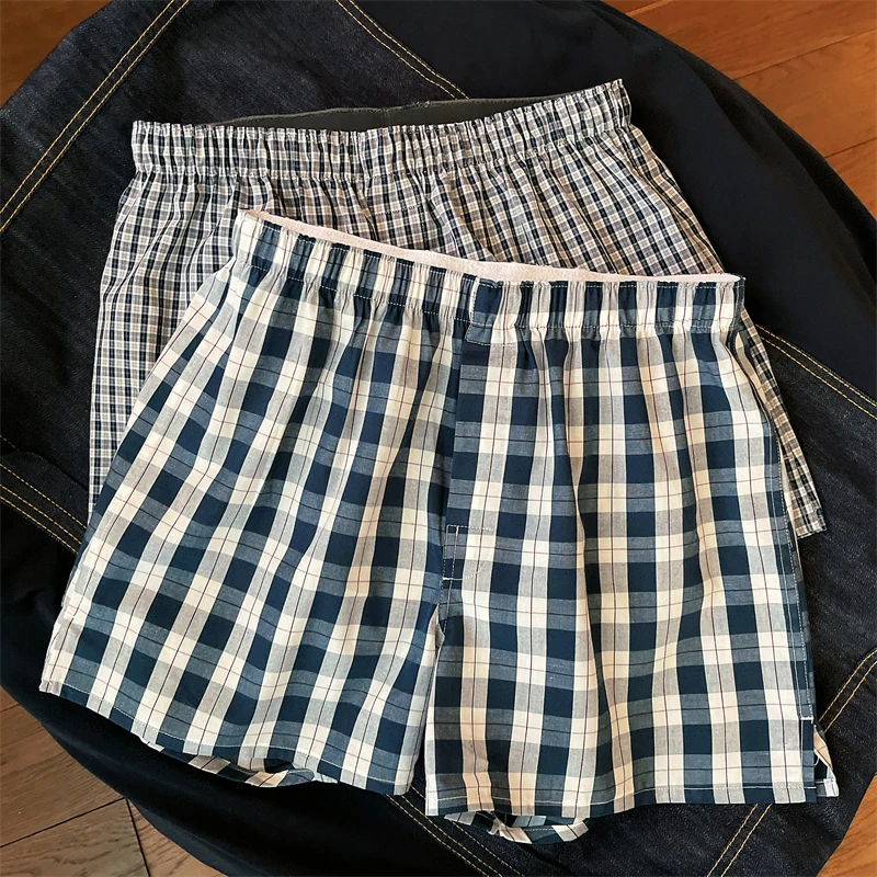 宽松男士内裤棉夏季薄透气男阿罗裤青年休闲格子居家格子四角短裤