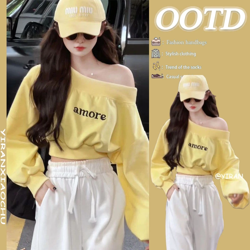 秋季搭配一整套2025新款韩系设计感一字肩上衣休闲阔腿裤两件套装