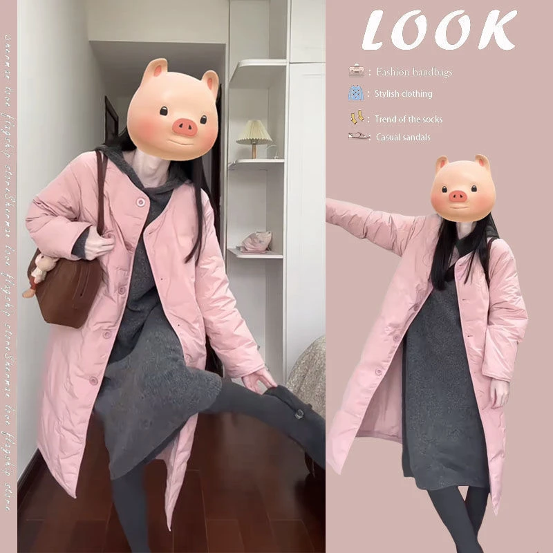 2024冬季新款韩版气质简约中长款棉服外套百搭连帽毛衣裙两件套装