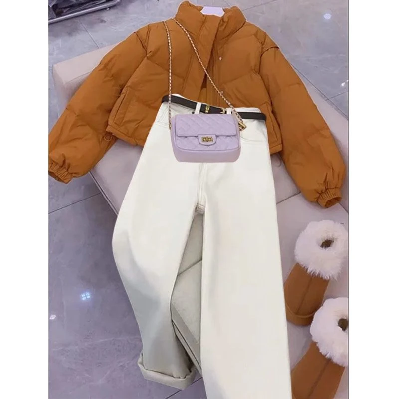 时尚穿搭一整套秋冬2024新款休闲减龄棉服牛仔通勤阔腿裤两件套潮