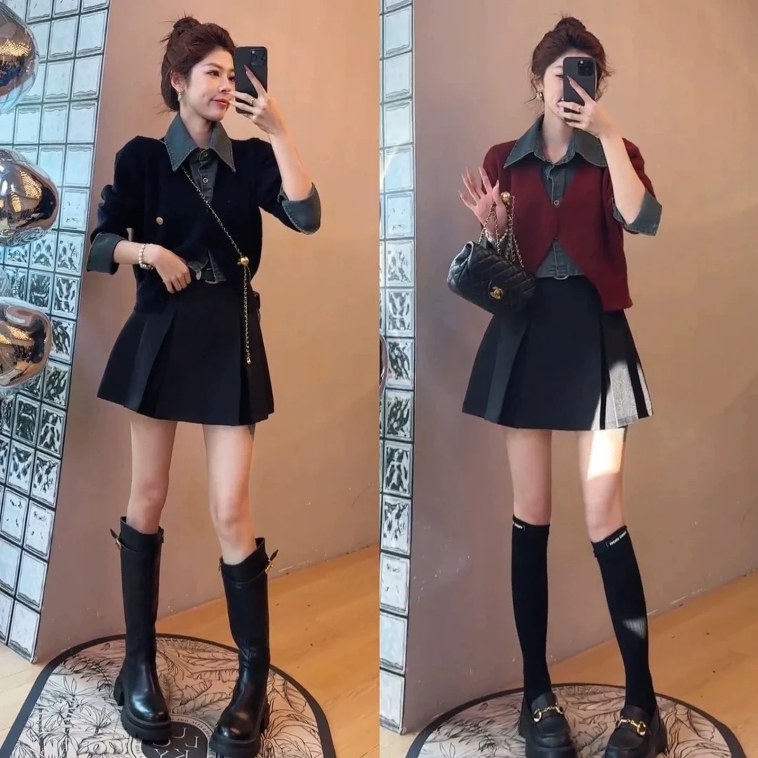 春季穿搭一整套女2025新款时尚拼接假两件上衣显瘦半身裙两件套潮