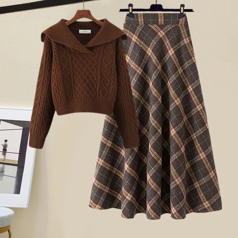 秋冬温柔系穿搭女2025新款韩版翻领针织毛衣高腰格子半身裙两件套