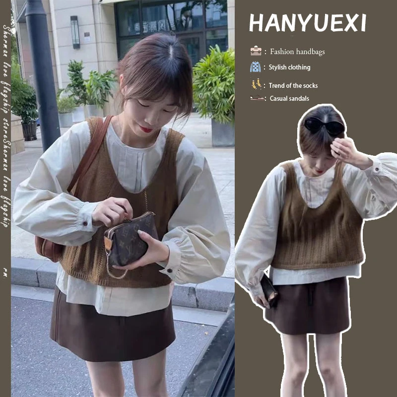 秋季穿搭一整套女2024新款韩版百搭衬衫针织马甲时尚短裙三件套潮