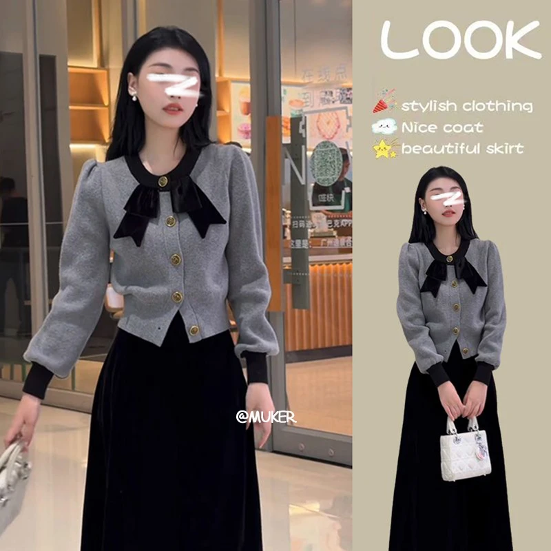 今年流行一整套女2025春季新款设计感蝴蝶结针织衫半身裙两件套装