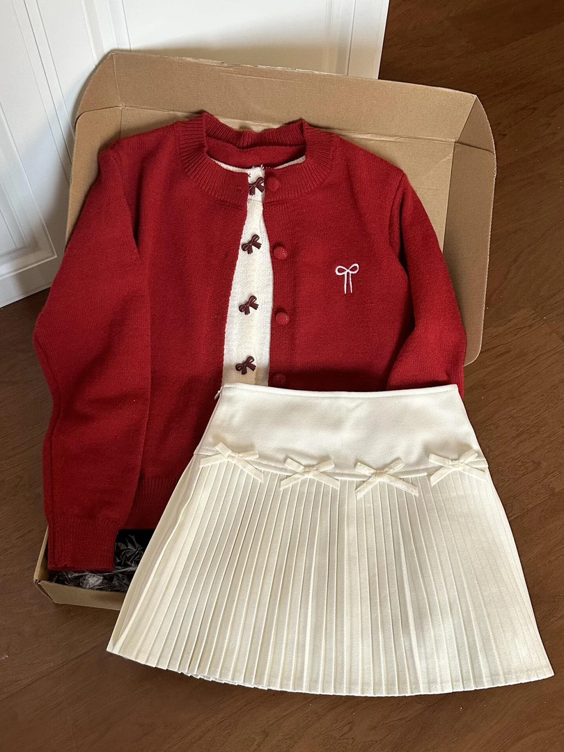 春季穿搭一整套2025新款韩系蝴蝶结假两件针织开衫百搭短裙两件套