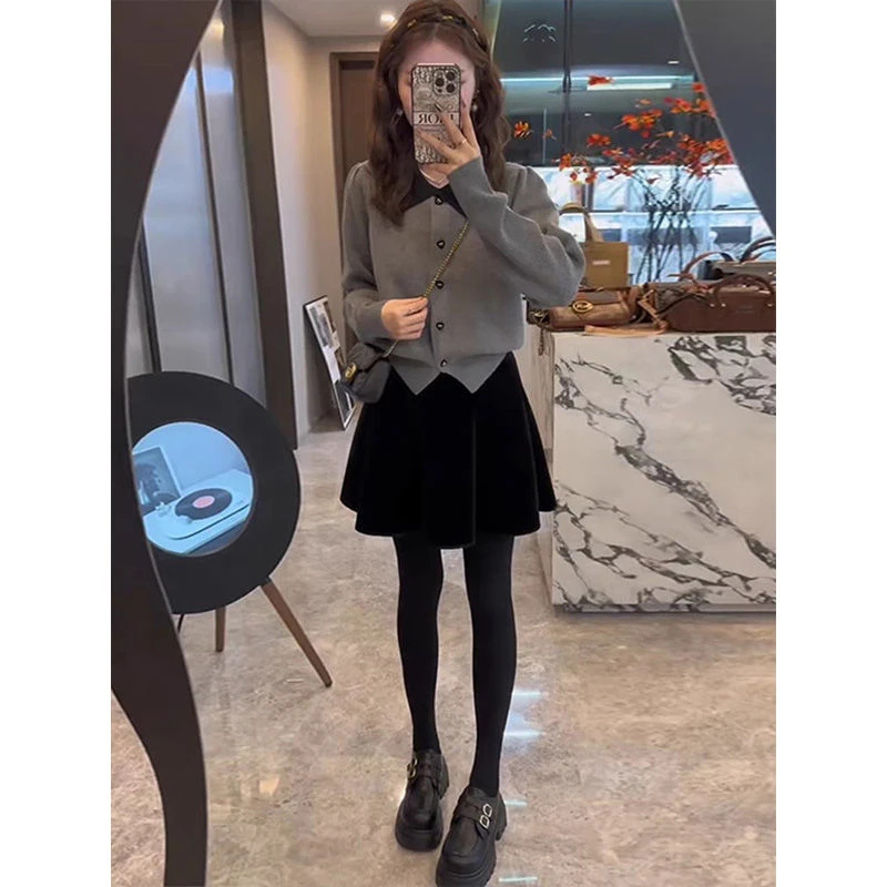 秋季穿搭一整套女2024新款韩版小香风气质开衫显瘦短裙两件套装