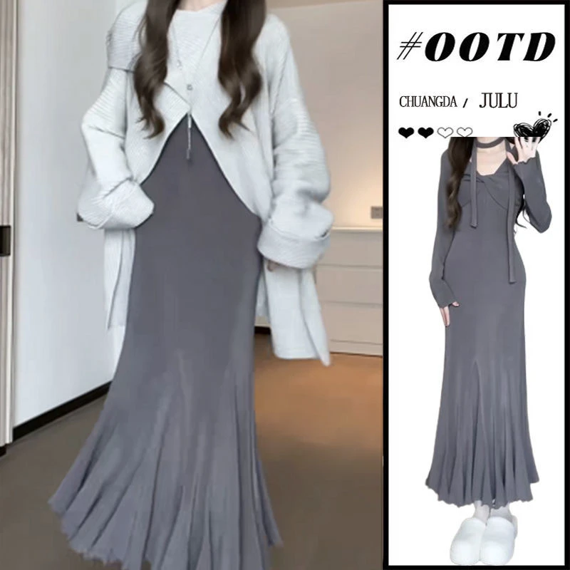 冬季温柔系穿搭女2024新款韩版设计感交叉罩衫毛衣连衣裙两件套潮