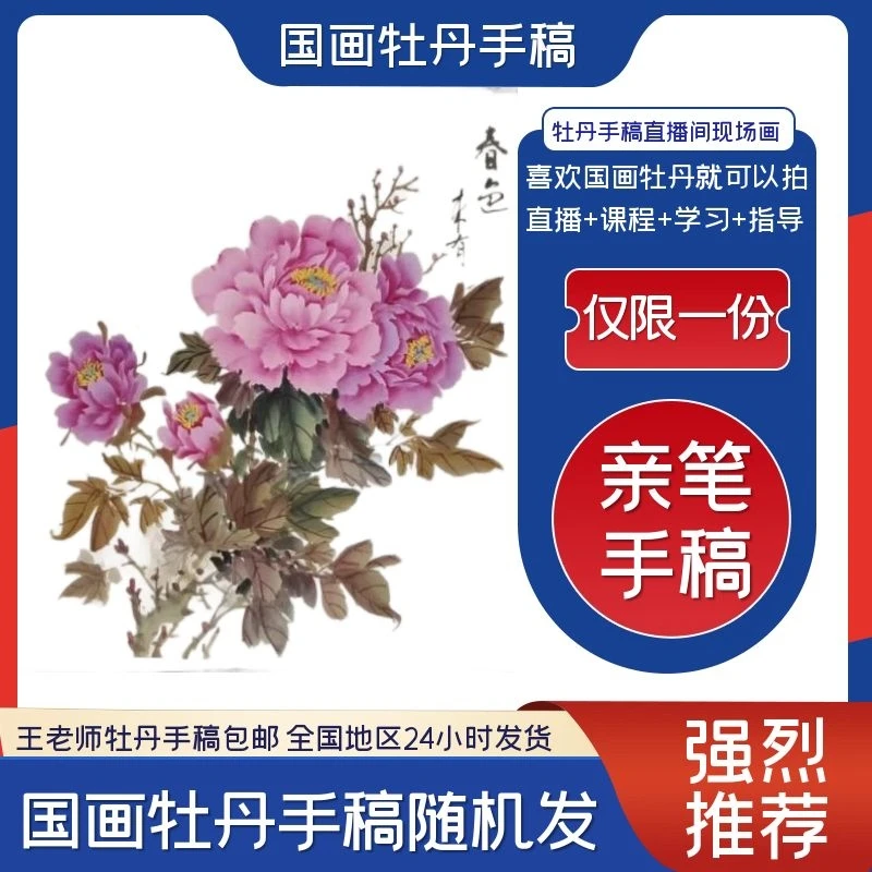 王老师：国画牡丹原创手稿（随机发）