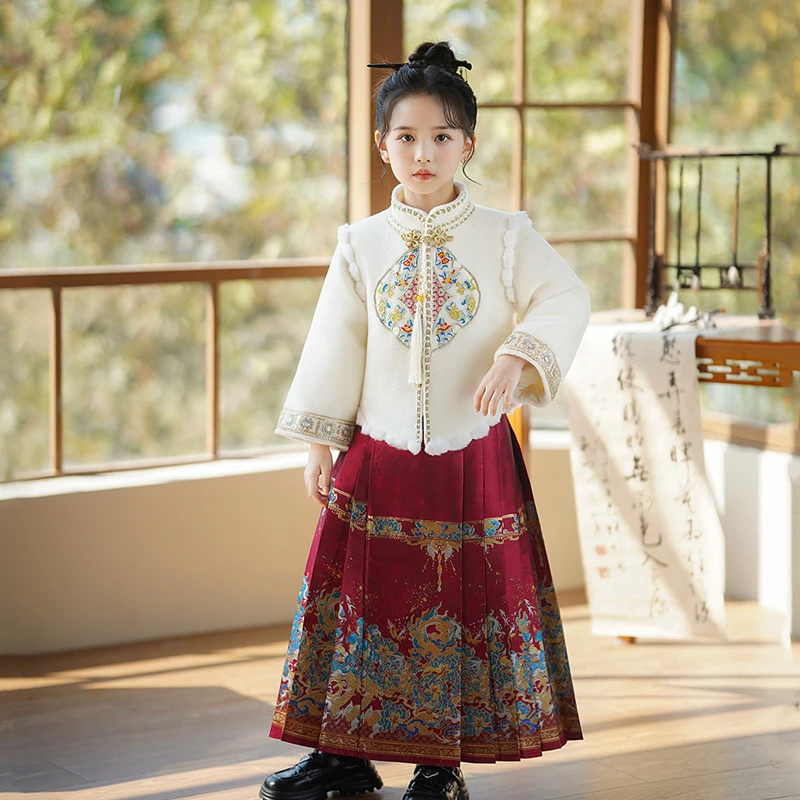 女童加绒马面裙2023秋冬装新款儿童加厚汉服套装小女孩唐装拜年服