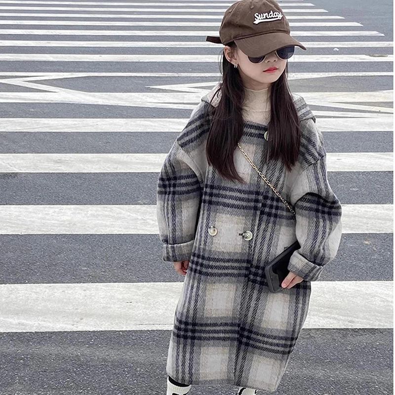 女童毛呢大衣2023新款秋冬韩版中长款洋气格子外套加厚毛呢大衣潮