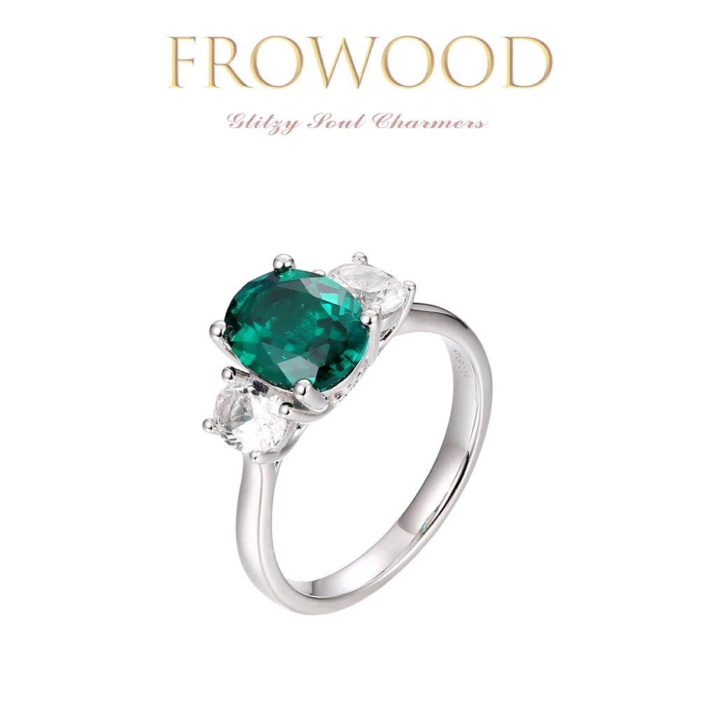 培育祖母绿 S925银戒指【露珠】经典三石款镶嵌精致简约女士款#0073