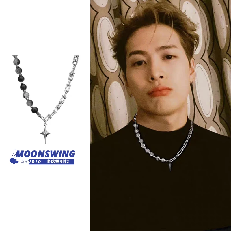 钛钢项链 黑白串珠十字架项链男ins冷淡风拼接设计小众轻奢锁骨链