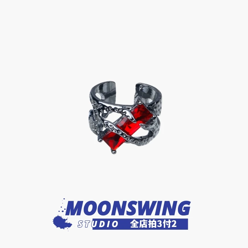 锌合金戒指 熔岩戒指男小众高级感红色可调节嘻哈指环锆石轻奢ins