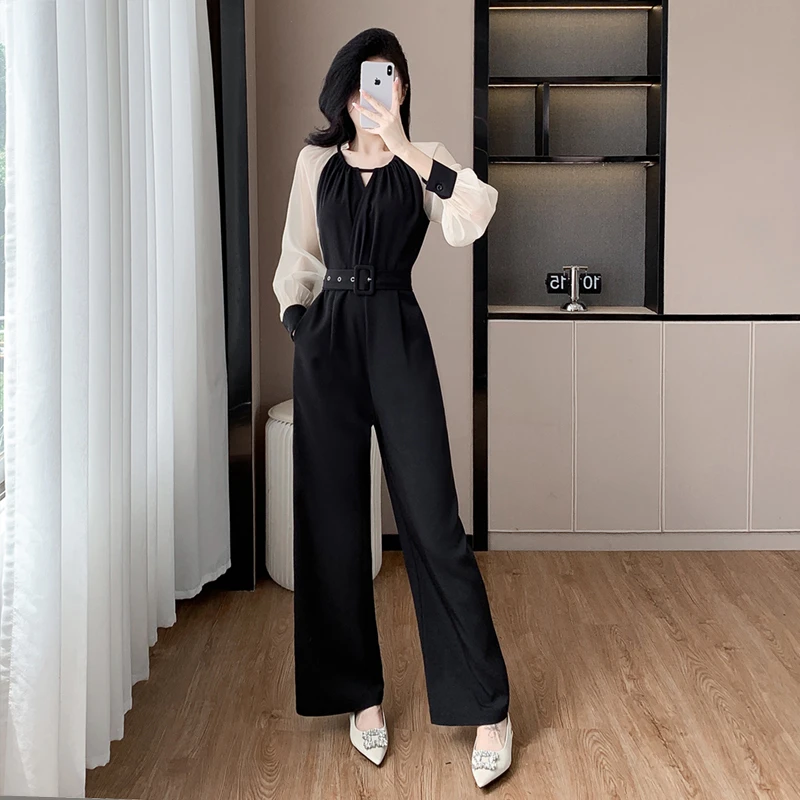 高端假两件连体裤女春季2025新款阔腿修身显瘦洋气减龄连身裤套装