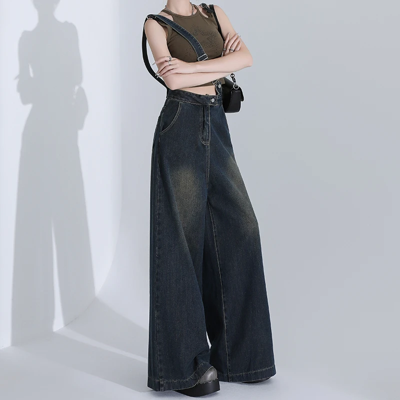 一裤两穿单肩牛仔背带裤女秋季2025新款宽松遮肉阔腿裤休闲拖地裤