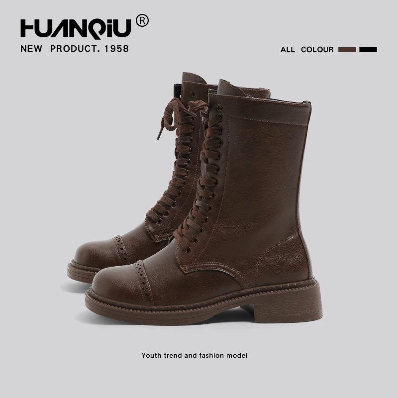 环球棕色英伦风马丁靴女2024新款春秋中筒复古西部牛仔秋季短靴子