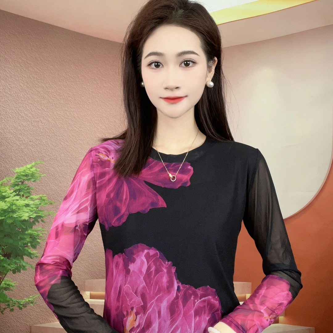 2025夏季新款长袖圆领肌肤纱时尚显瘦印花T恤上衣A232