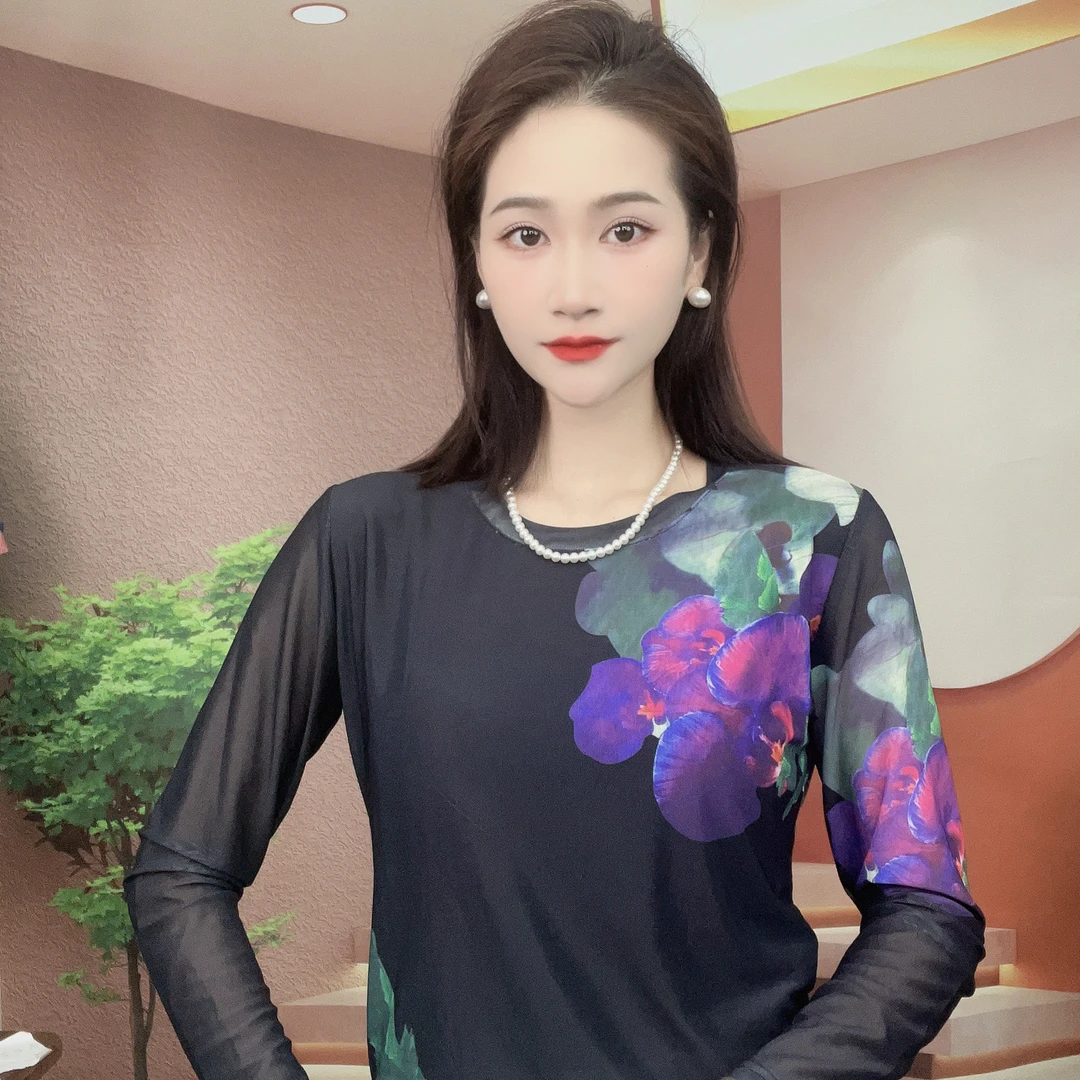 2025夏季新款长袖圆领肌肤纱时尚显瘦印花T恤上衣9772