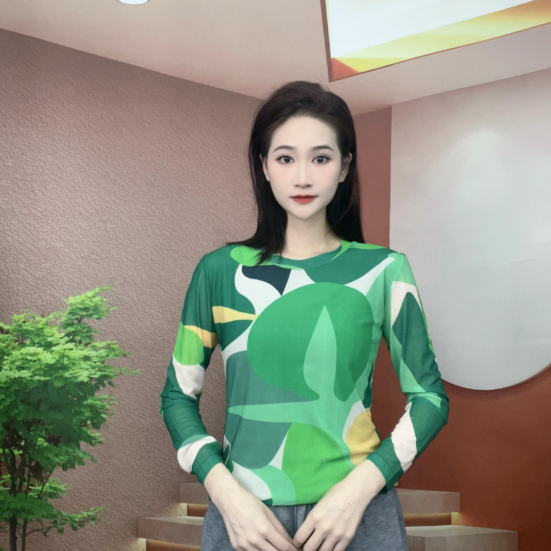 2024早秋新款长袖圆领肌肤纱时尚显瘦印花T恤上衣A219