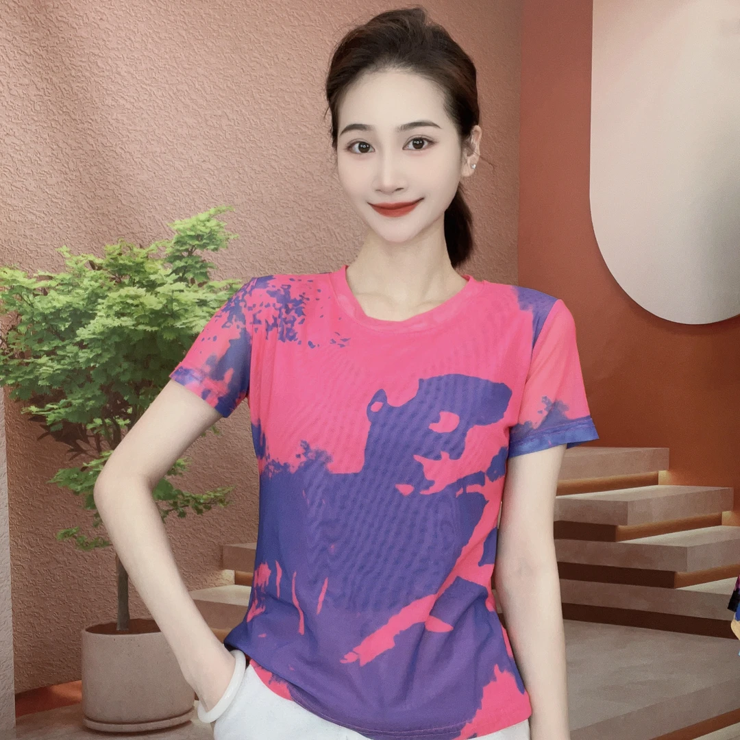 2025夏季新款时尚百搭显瘦气质肌肤纱短袖圆领T恤印花上衣A014