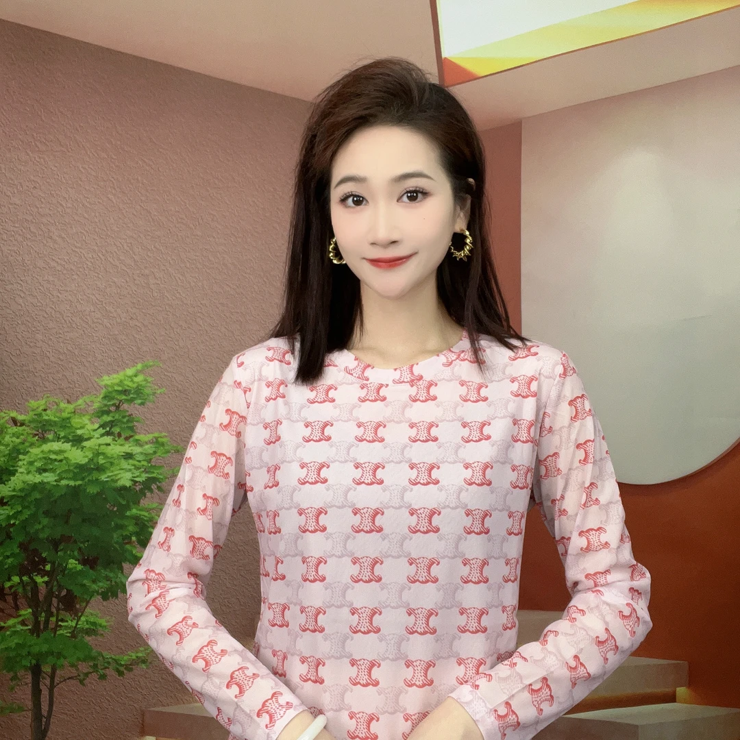 2024早秋新款时尚百搭显瘦气质肌肤纱长袖圆领T恤印花上衣A121