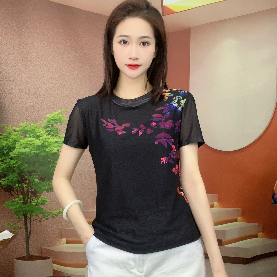 2025夏季新款时尚百搭显瘦气质肌肤纱短袖圆领T恤印花上衣2119