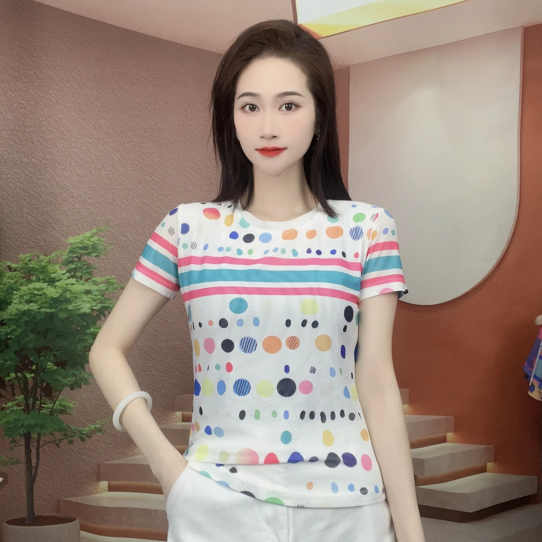 2025夏季新款时尚百搭显瘦气质肌肤纱短袖圆领T恤印花上衣A110