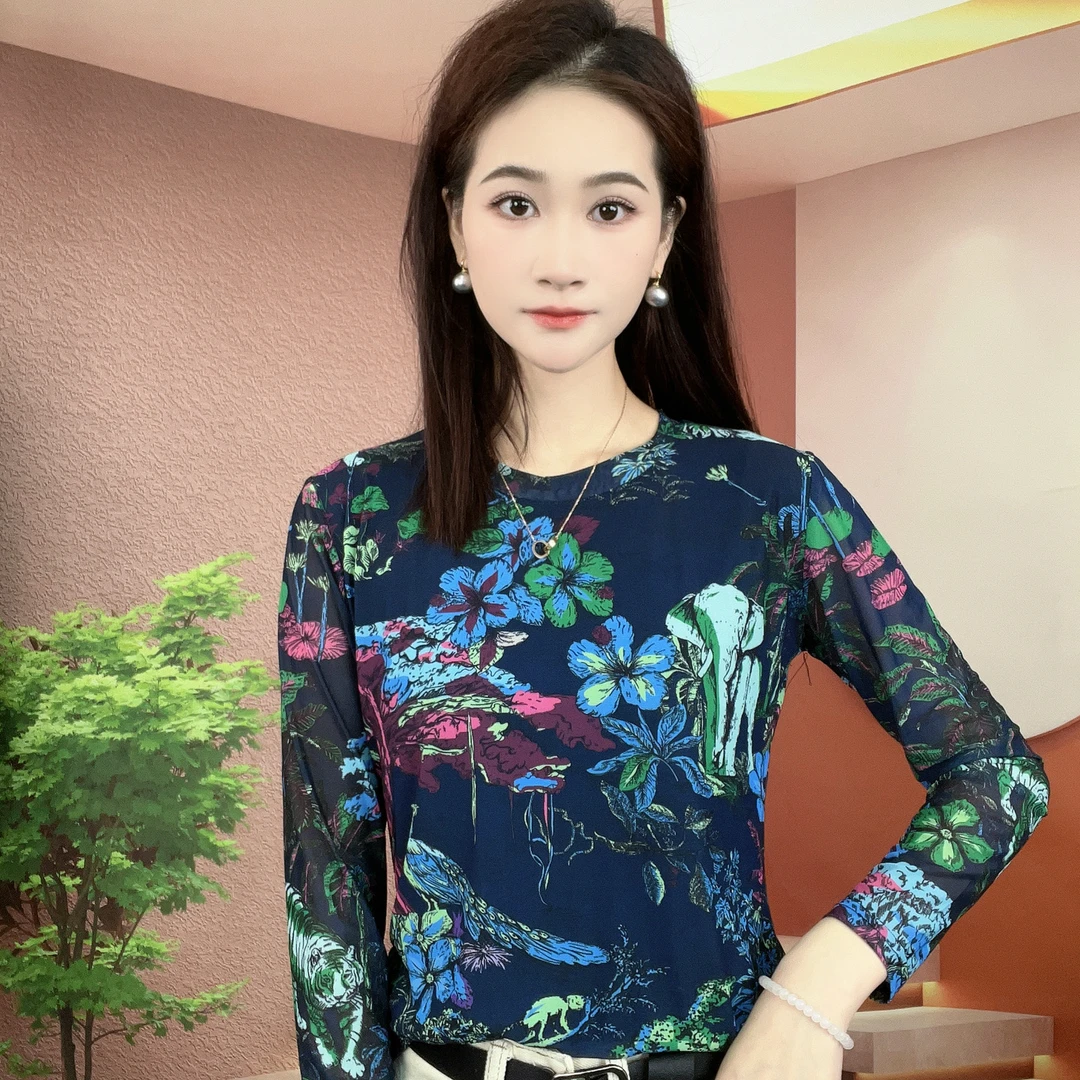 2025夏季新款长袖圆领肌肤纱时尚显瘦印花T恤上衣A247