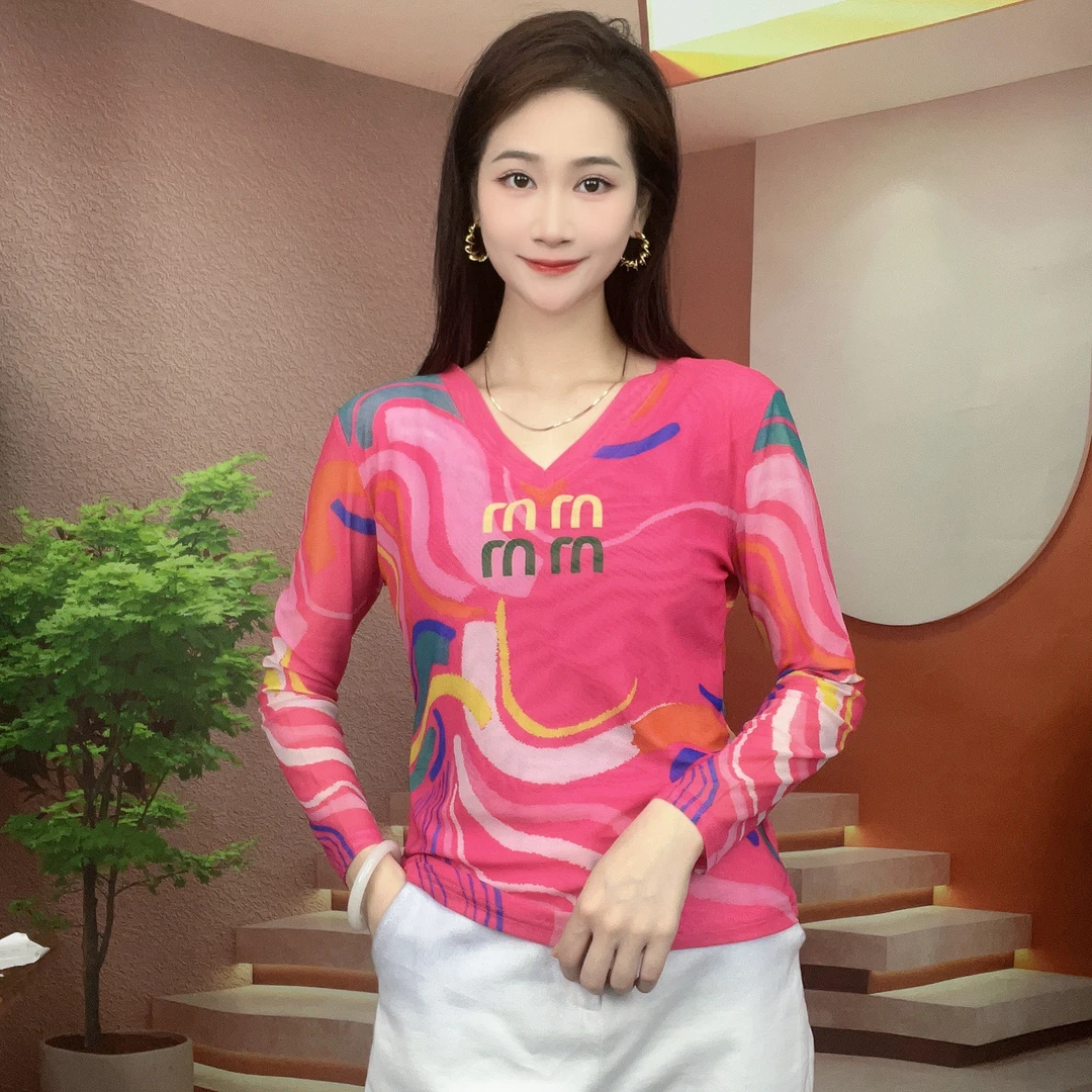 2024早秋新款长袖V领肌肤纱时尚显瘦印花T恤上衣A102