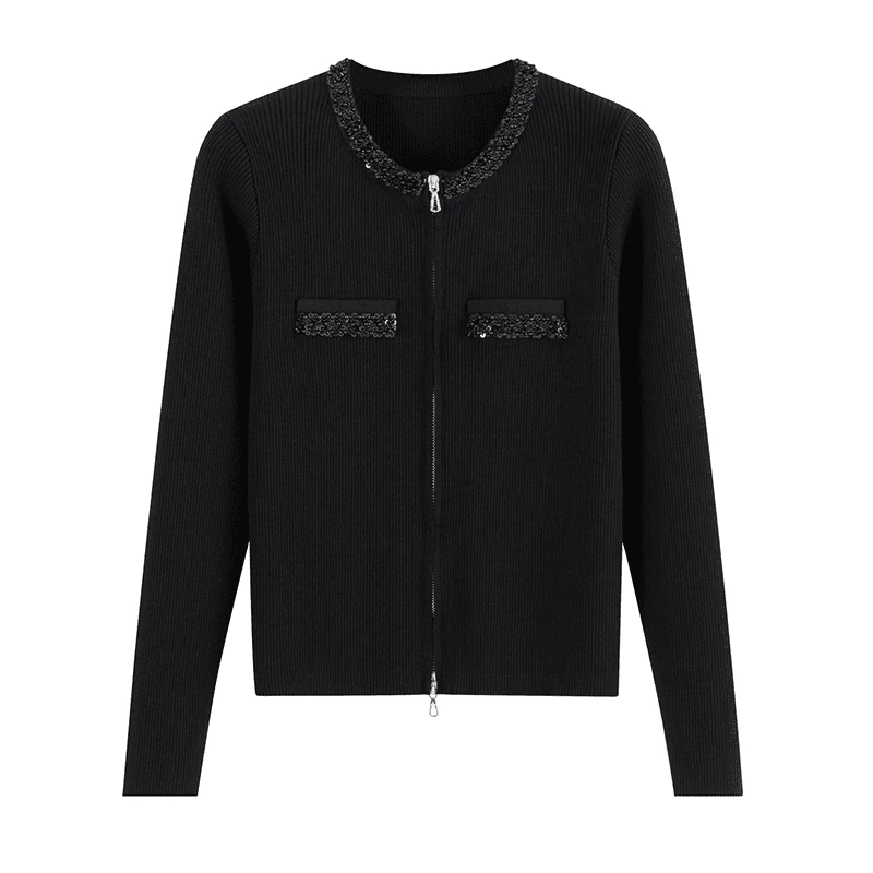 双拉链黑色长袖气质立体轻奢冰丝针织开衫显瘦女百搭修身D680