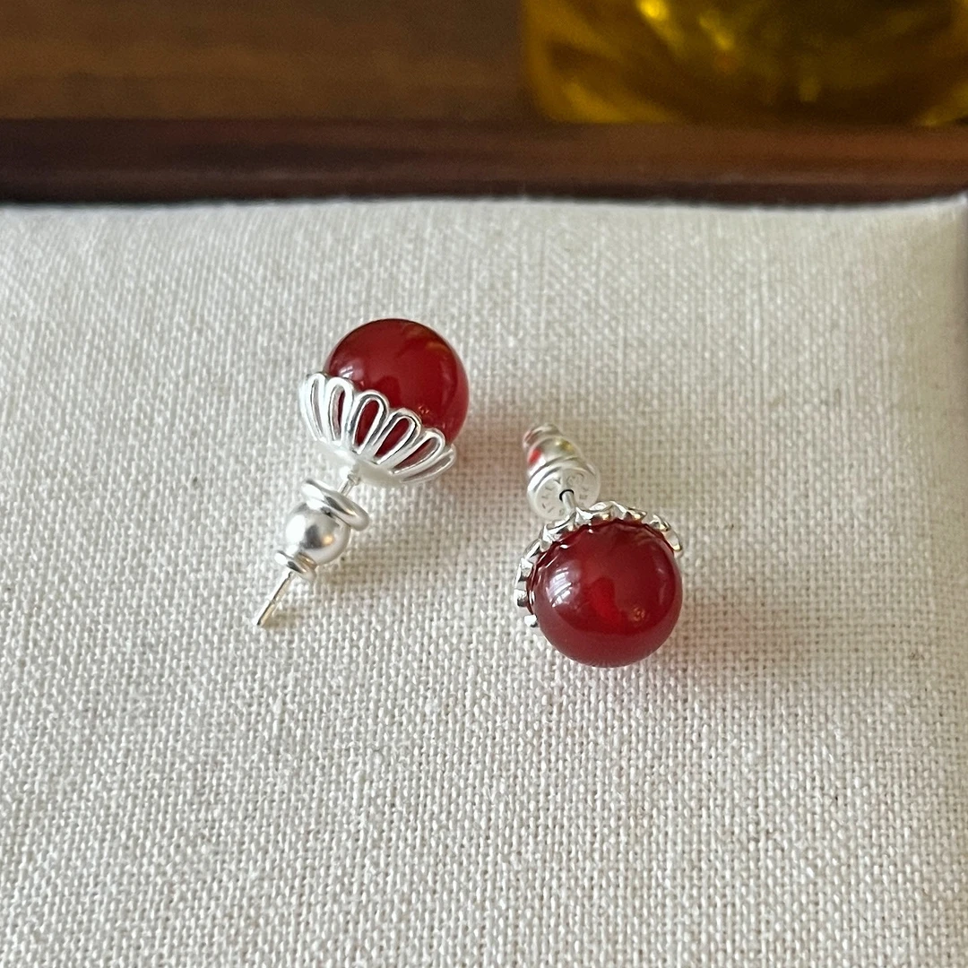 愿岛 黄铜耳饰 法式简约气质大自然红色瑙瑙镂空雕花耳钉EH1315