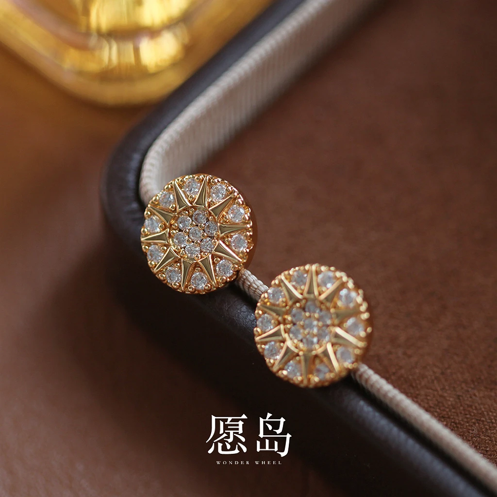 愿岛 黄铜锆石耳饰 法式气质个性时尚百搭微镶锆石太阳耳钉ED08