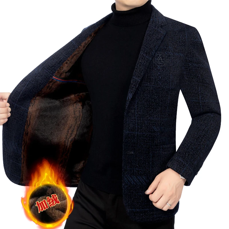 加绒加厚西服男士秋冬季毛呢子外套保暖休闲中老年爸爸雪尼尔西装