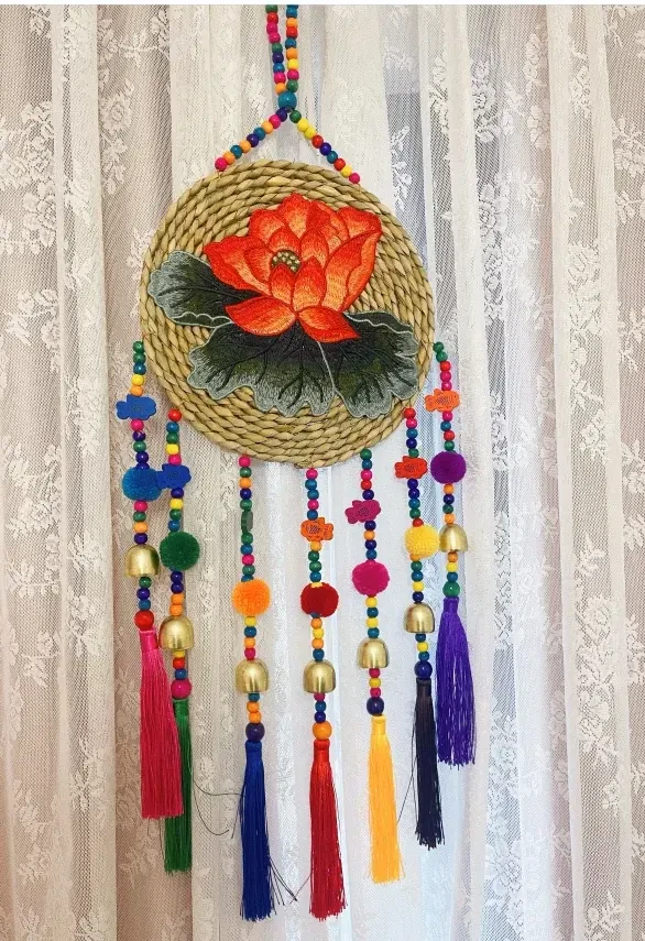 荷花风铃挂件荷花手工编织刺绣加大客厅卧室挂件家居阳台庭院风铃