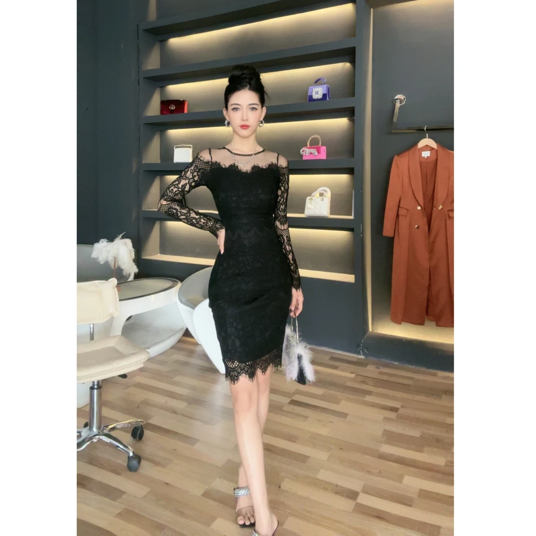 七爷定制 国内设计师品牌 蕾丝包臀气质名媛显瘦拼接连衣裙1715