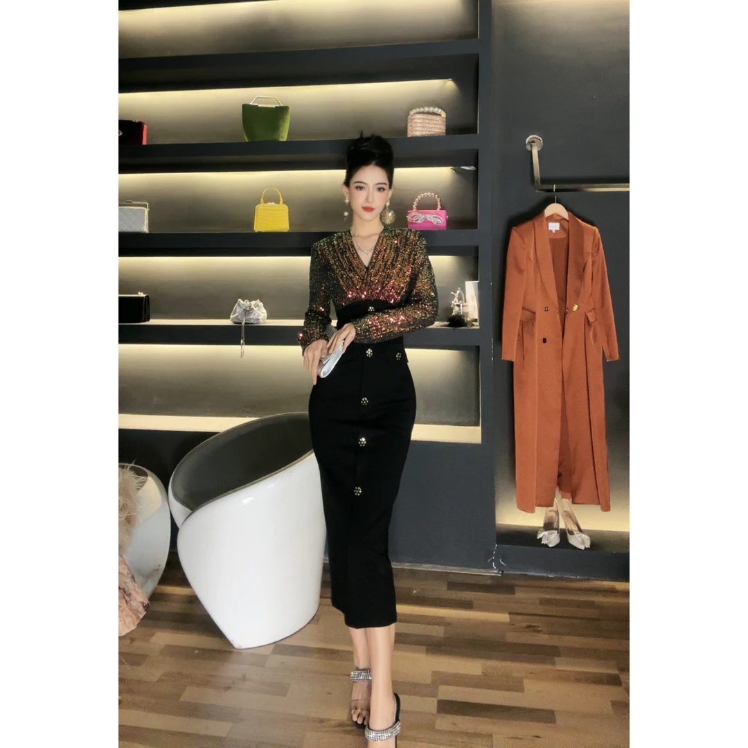 七爷定制 国内设计师品牌 气质时尚职业包臀拼接名媛连衣裙11120