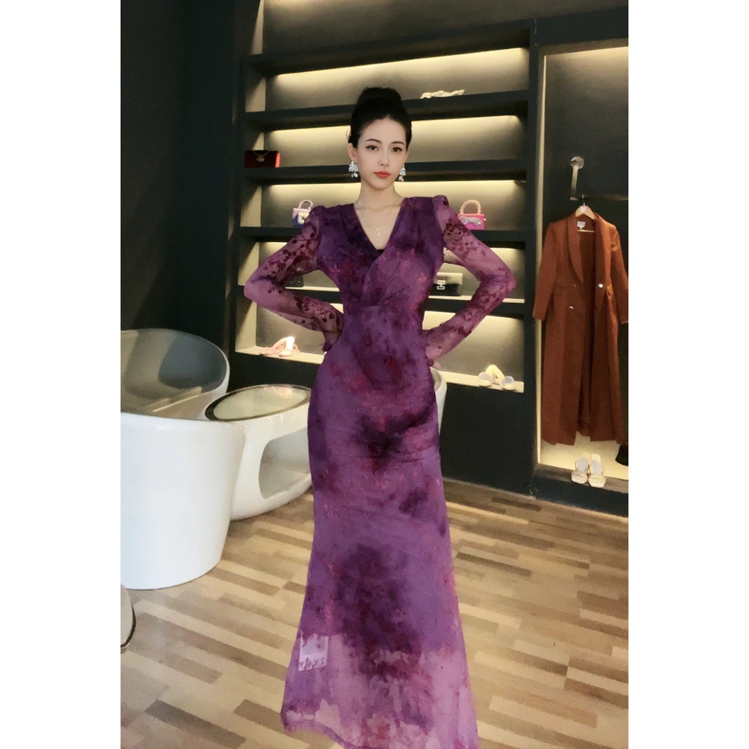 七爷定制 国内设计师品牌 复古显瘦气质长袖优雅修身连衣裙30570