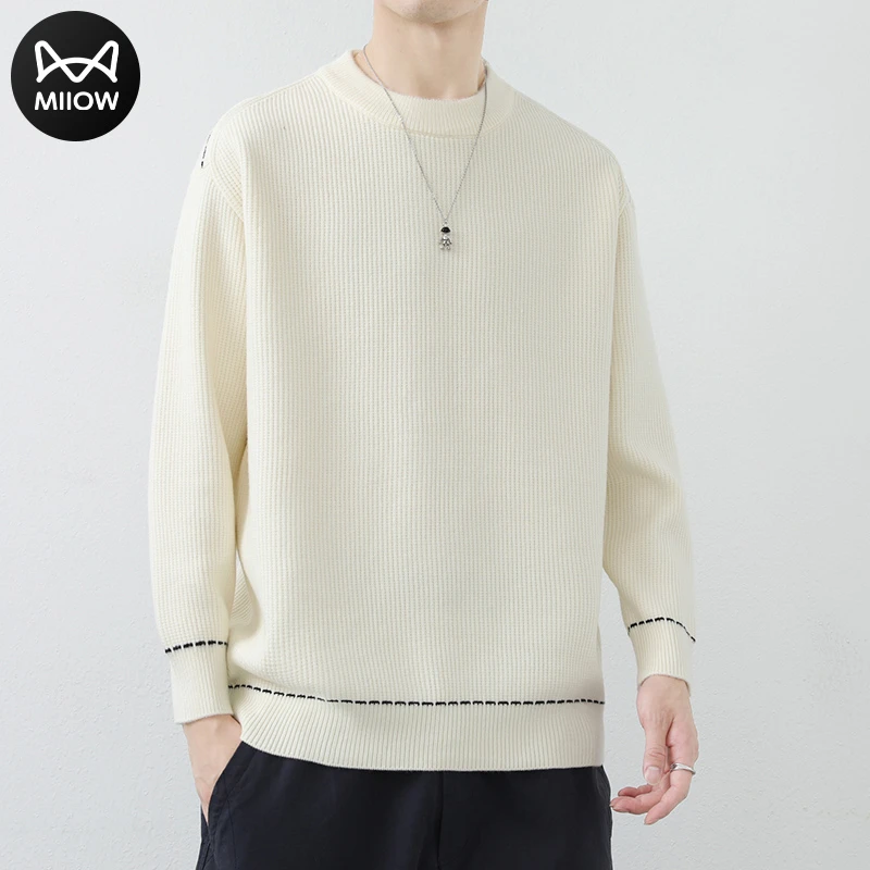 猫人男装毛衣2023秋冬新款加厚保暖时尚宽松潮流简单色圆领毛衣