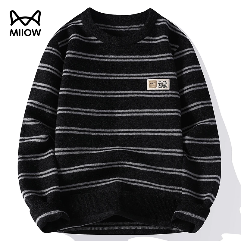 猫人圆领毛衣男秋冬季潮流百搭保暖内搭打底加绒加厚毛线针织衫