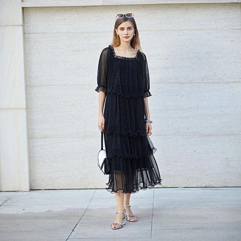 S·DEER时尚气质小黑裙显瘦泡泡袖法式洋气春夏氛围感女装连衣裙