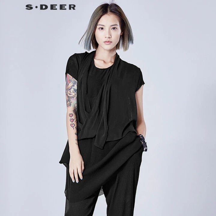 圣迪奥夏装修身女装短T垂坠感简约百搭休闲黑色短袖衬衫