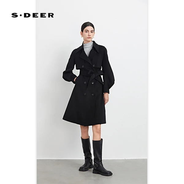 S·DEER秋季长款轻奢设计师气质秋冬翻领收腰毛呢网红时尚呢外套