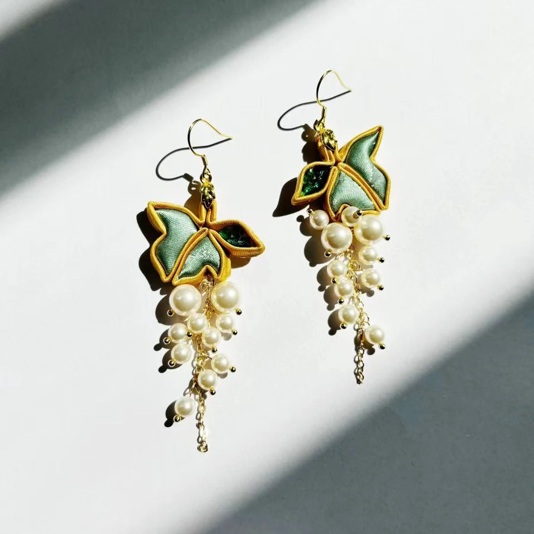 非金属布艺耳饰 手工盘扣葡萄珍珠重工流苏耳饰气质设计师小众