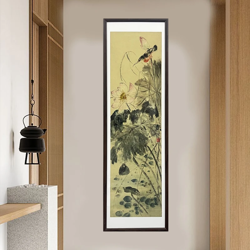 262-40*140荷塘翠鸟图中式装饰画实木框玄关书房茶室客厅挂画
